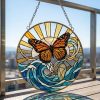 Stained Glass Suncatcher Ocean Wave, Monarch Butterfly Window Decor, Sympathy Gift for Loss, Unique Rebirth Symbol, Coastal Boho Home Gift